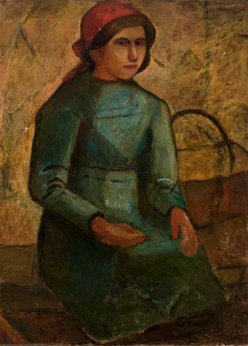 Девушка в зеленом платье с корзинкой