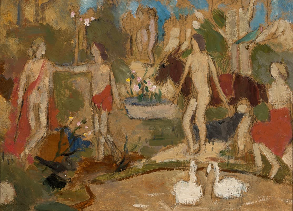 Садовая сцена с фигурами и лебедями