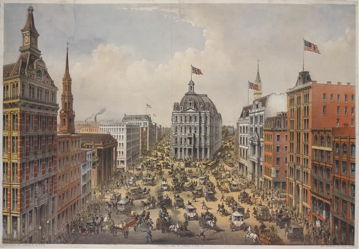 Вид на Бродвей, смотря на север с чуть ниже Фултон Ст. Собор Святого Павла слева, почтовое отделение в центре