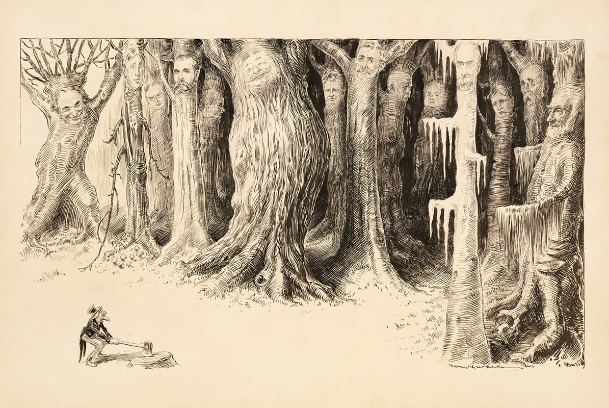 Лес больших деревьев, и на каждом дереве лицо другого человека. Маленький Дядя Сэм подходит с топором, улыбаясь.