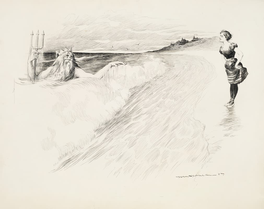 Молодая женщина на берегу моря разговаривает с Нептуном