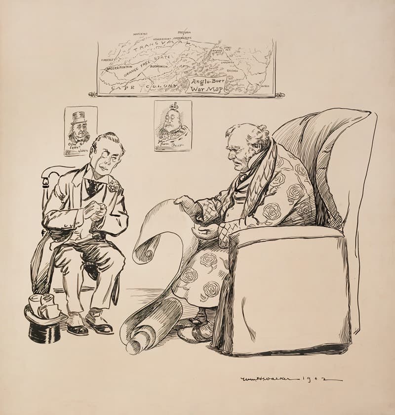 Джон Булл (Великобритания) читает длинный свиток с беспокойством. За ним карта Англо-бурской войны.