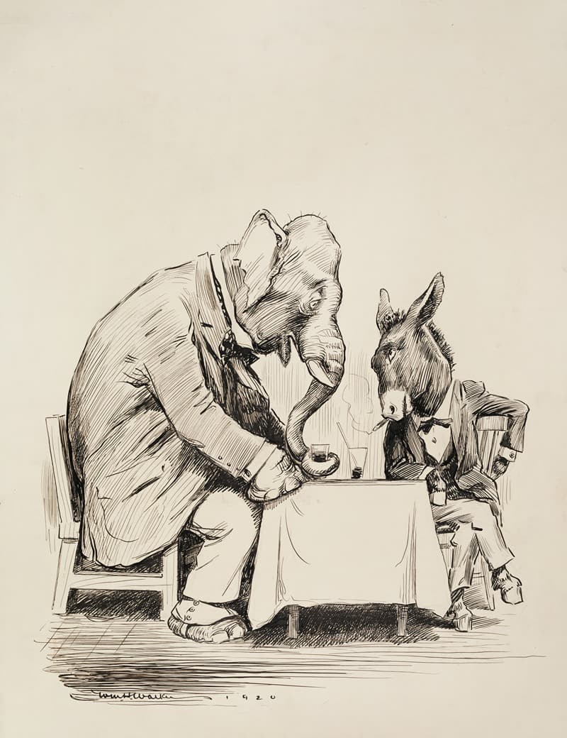 Слон Республиканской партии и осел Демократической партии в костюмах, сидящие вместе, пьют и курят.