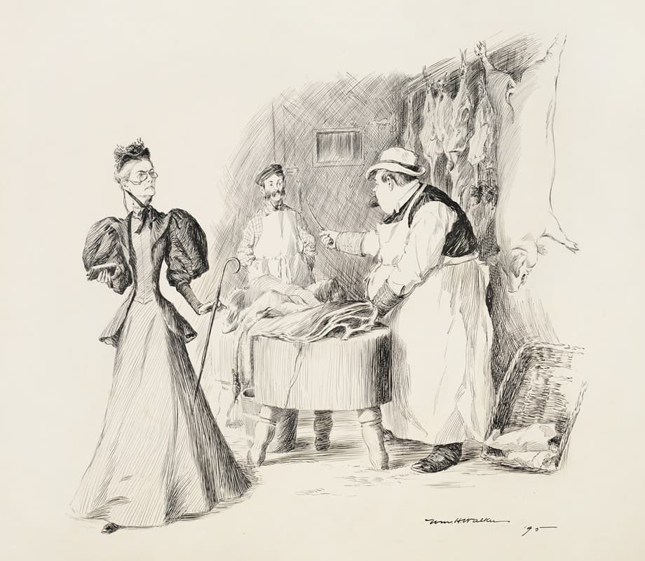 Два мясника спорят в своем магазине, их наблюдает строгая женщина.