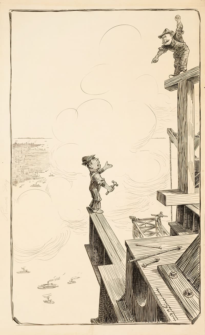 Два строителя кричат друг на друга, строя конструкцию.