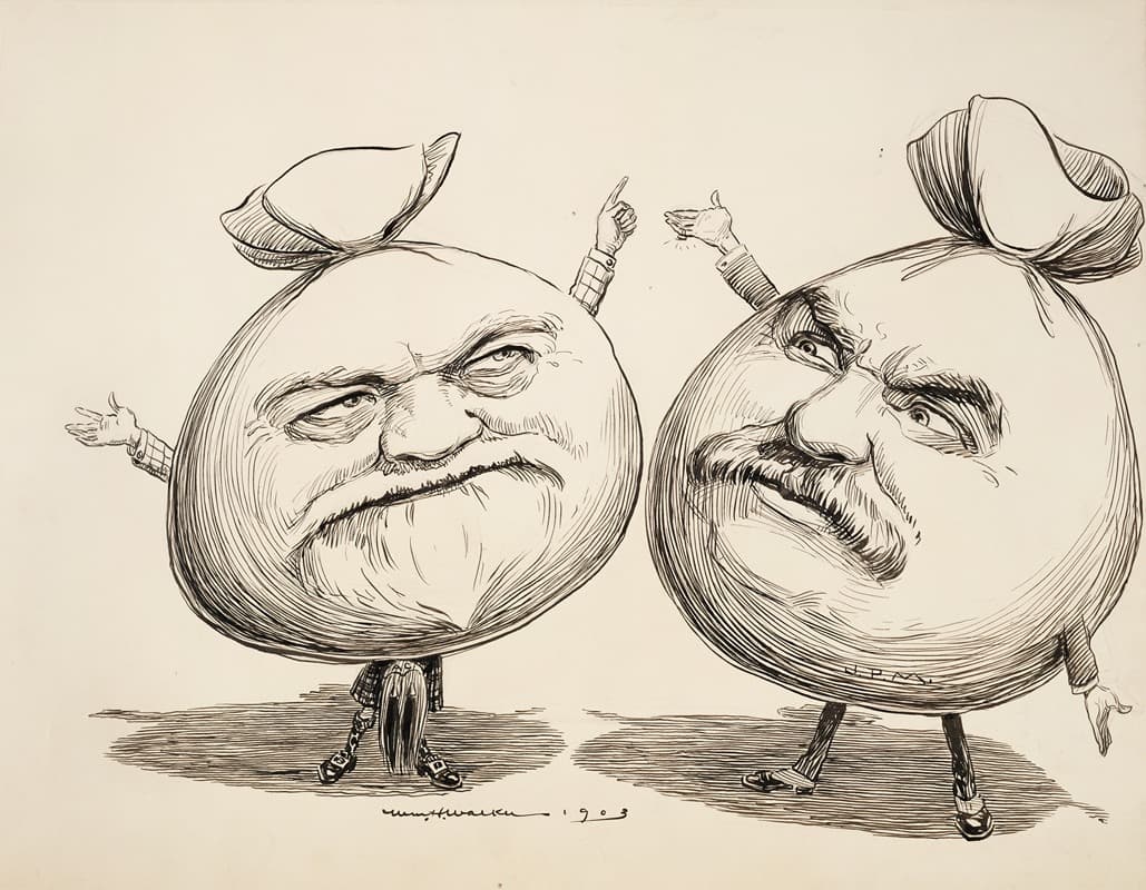 Два человека, изображенные как гигантские мешки с деньгами.