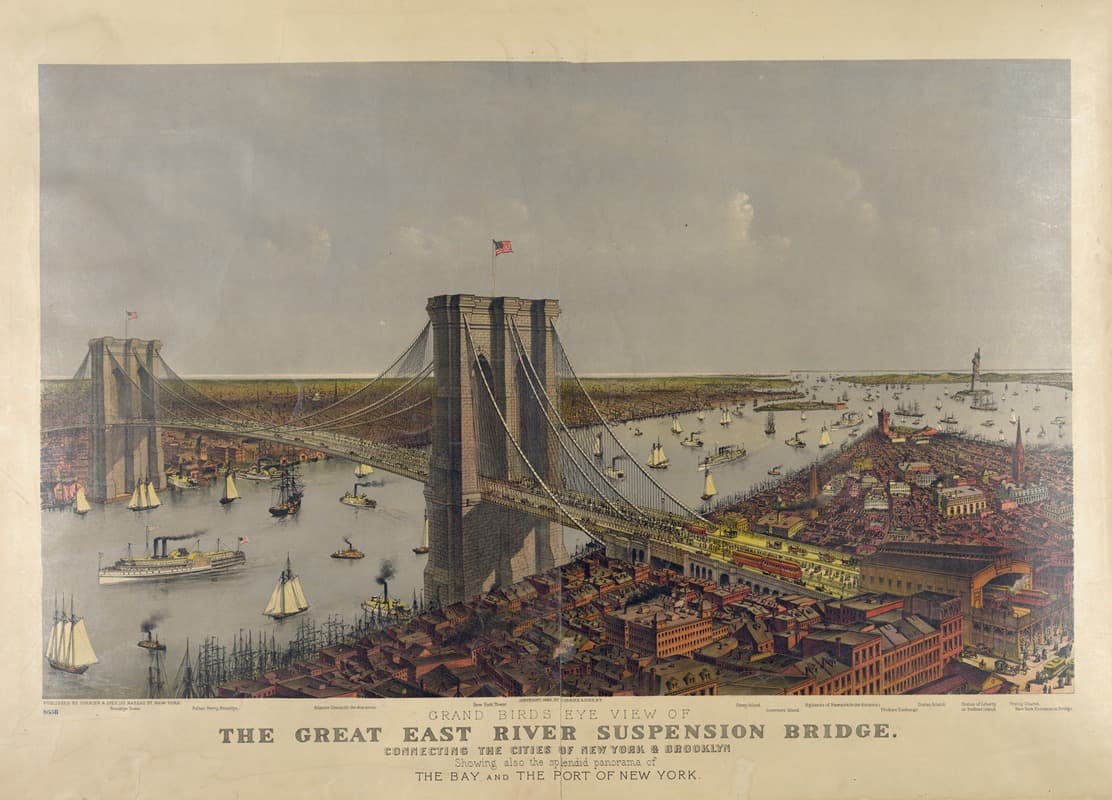 Панорамный вид на подвесной мост через реку Ист-Ривер, соединяющий города Нью-Йорк и Бруклин