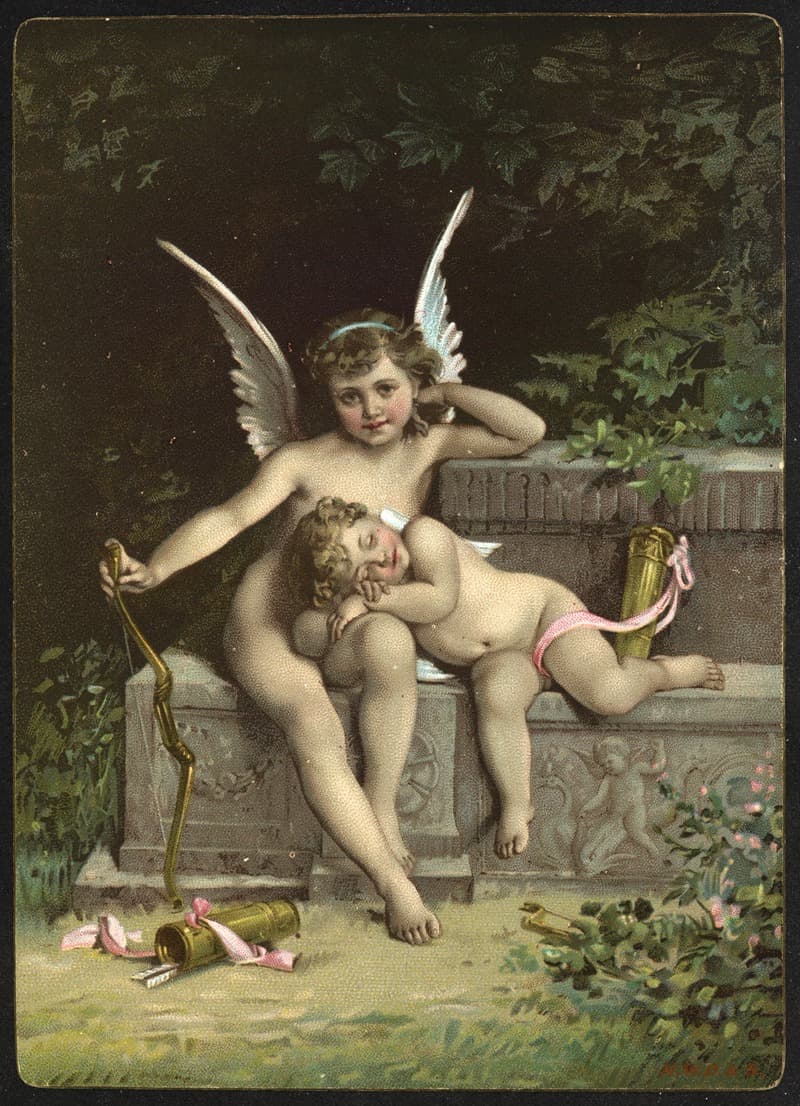 Две фигуры купидонов, сидящие на скамейке