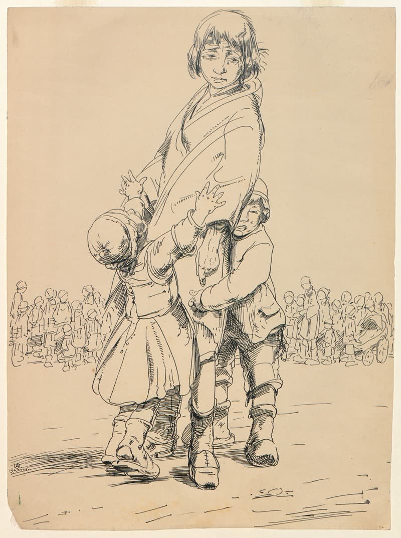 Молодая мать с двумя плачущими детьми