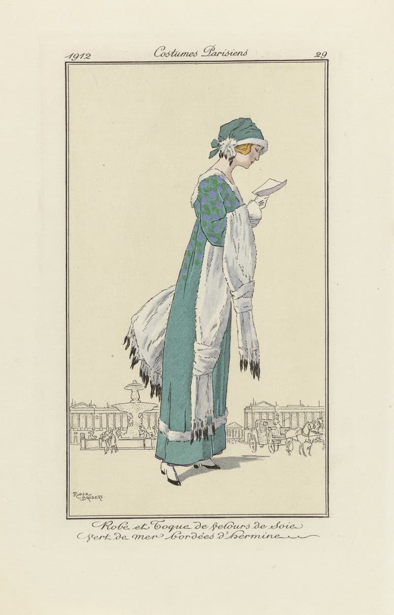 Платье для прогулок в клетку и ручной росписи, обрамленное черным бархатом