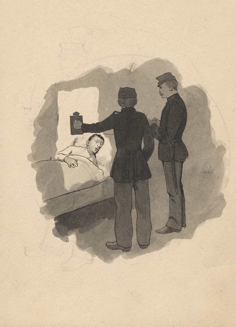 Солдат пробуждается, когда сержант с портфелем в руке и рядовой с фонариком приходят его проверить.