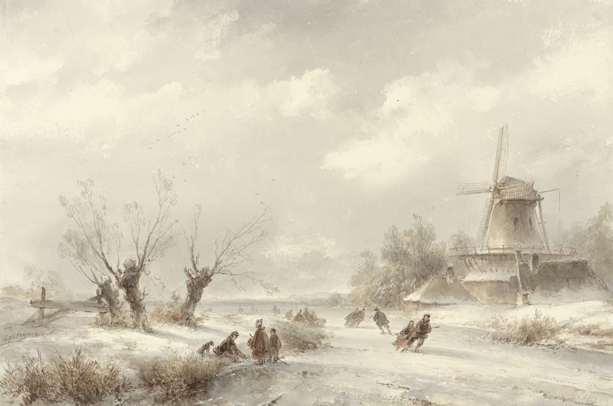 Winterlandschap met schaatsenrijders bij een molen