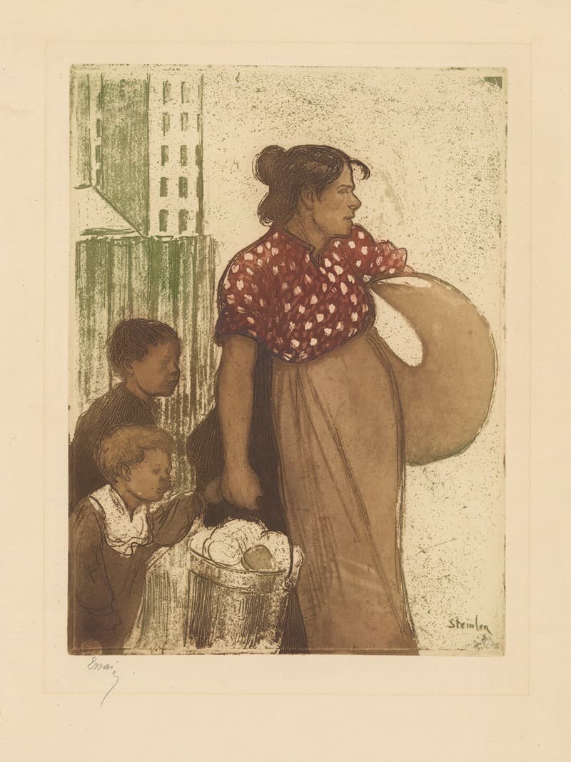 Домохозяйка и дети, возвращающиеся из прачечной