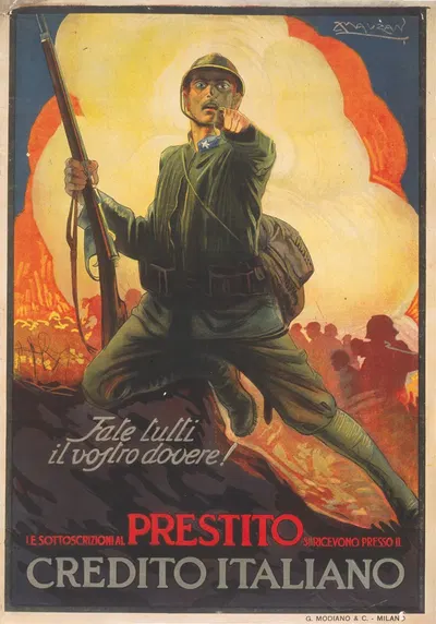 Fate tutti il vostro dovere! Le sottoscrizioni al prestito si ricevono presso il Credito Italiano by Achille Mauzan, 1917 —…