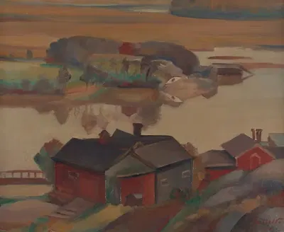 River Landscape With Buildings by Ilmari Aalto, 1930 — digital art print download