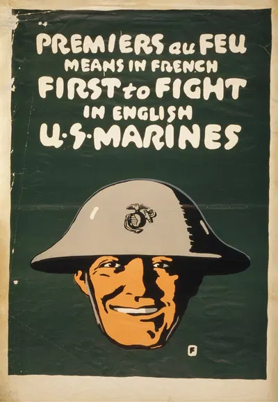 Premiers au feu means in French first to fight, in English U.S. Marines by Чарльз Баклс Фоллс, 1917 — digital art print…