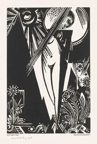 Staande vrouw, zon, maan en bloemen by Gottfried Graf — digital art print download