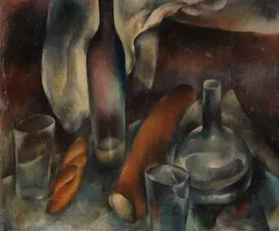 Натюрморт с бутылками и багетами by Ханс Больц, 1909 — digital art print download