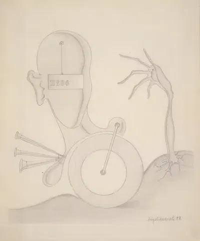 Head with Sign, Hand, Wheel, and Auto Horn by Angelika Hoerle, 1922 — digital art print download