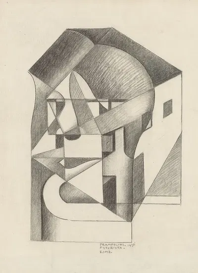 Архитектурное абсолютное; Голова и дома (Футуриста Рома) by Энрико Прамполино, 1920 — digital art print download