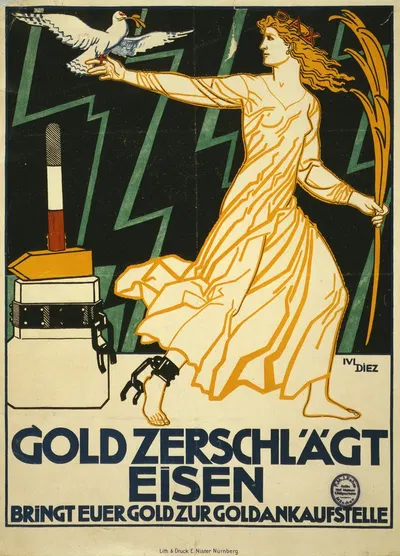 Gold zerschlächt Eisen. Bringt eurer Gold zur Goldankaufstelle by Julius Diez, 1918 — digital art print download