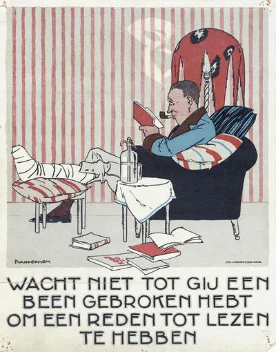 Lezende man met gebroken been in een leunstoel by Piet van der Hem, 1921 — digital art print download