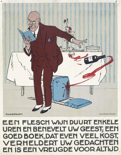 Lezende man stoot per ongeluk een fles en glas wijn van tafel by Piet van der Hem, 1921 — digital art print download