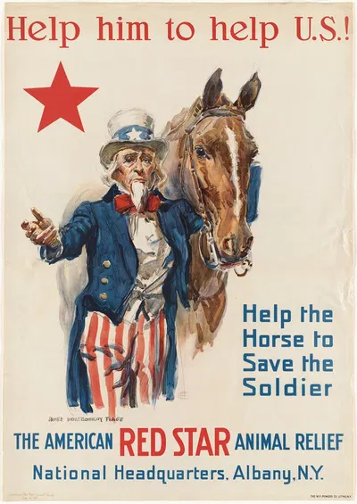 Help him to help U.S.! Help the horse to save the soldier by Джеймс Монтгомери Флагг, 1918 — digital art print download