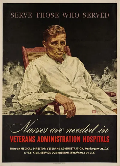 Serve those who served. Nurses are needed in Veterans Administration hospitals by Douglass Crockwell, 1945 — digital art…