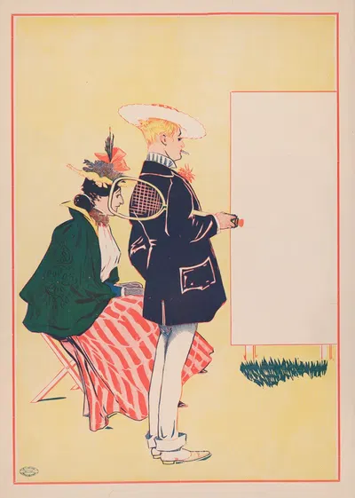 Woman seated, man standing with tennis racket looking at empty sign by Джордж Рейтер Брилл, 1890 — digital art print download
