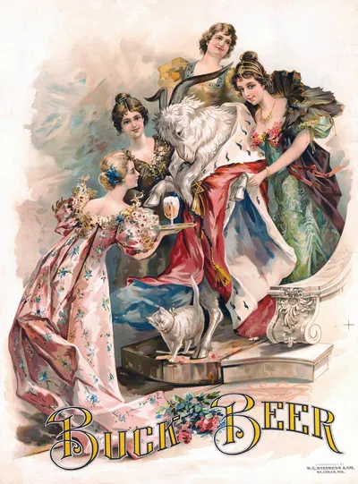Bock beer [a goat wearing a royal robe, being waited on by four young women] by У. Э. Стивенс и Ко, 1880 — digital art…
