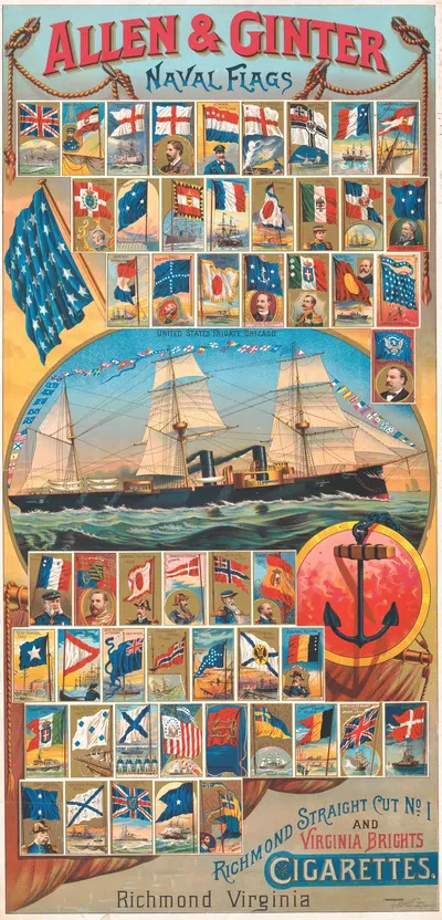 Allen & Ginter, naval flags, Richmond straight cut no. 1 and Virginia brights cigarettes by Geo. S. Harris & Sons, 1885 —…