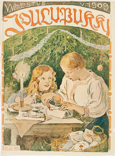 Mother and Son (Antti) Wrapping Christmas Gifts by Venny Soldan-Brofeldt — digital art print download