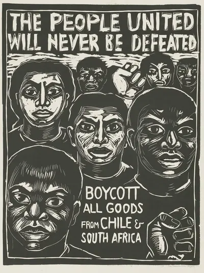 The people united will never be defeated. Boycott the repressive regimes of Chile and South Africa by Rachael Romero, 1977…