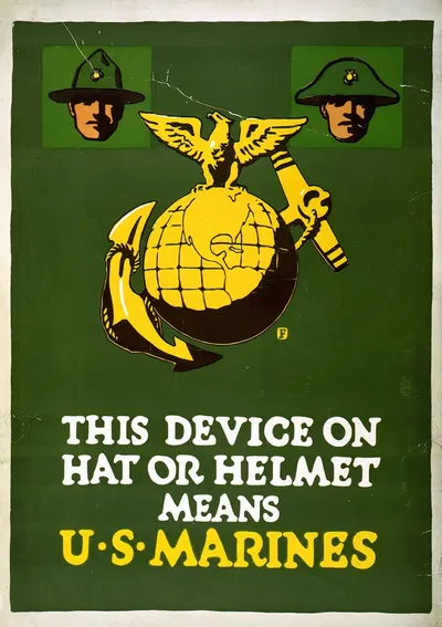 This device on hat or helmet means U.S. Marines by Чарльз Баклс Фоллс, 1910 — digital art print download