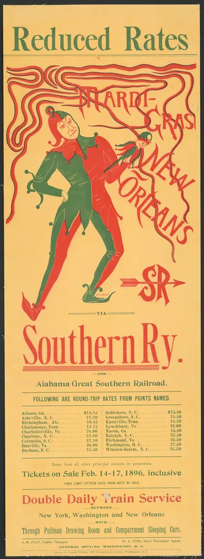 Reduced rates Mardi-Gras New Orleans via Southern Ry. and Alabama great southern railroad by H. Sophie Loury, 1896 —…