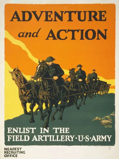Adventure and action Enlist in the field artillery, U.S. Army by Harry S. Mueller, 1919 — digital art print download