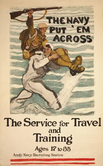 The Navy put 'em across The service for travel and training, ages 17 to 35 by Henry Reuterdahl, 1918 — digital art print…