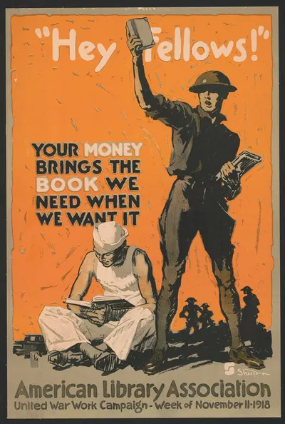'Hey fellows!' Your money brings the book we need when we want it by Джон Шеридан, 1918 — digital art print download
