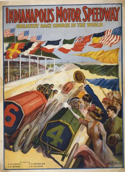 Indianapolis Motor Speedway, greatest race course in the world by The Otis Lithograph Co., 1909 — digital art print download