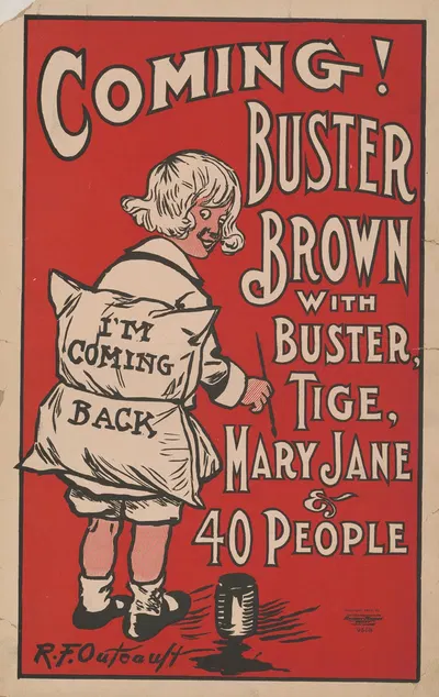 Coming! Buster Brown with Buster Tige, Mary Jane & 40 people by Richard Felton Outcault, 1906 — digital art print download