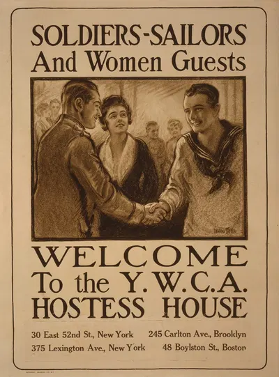 Soldiers-sailors and women guests – Welcome to the Y.W.C.A. hostess house by Walter Tittle, 1917 — digital art print download