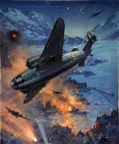 Bombing scene Description Hudson bombers on a coastal raid by Charles E Turner — digital art print download