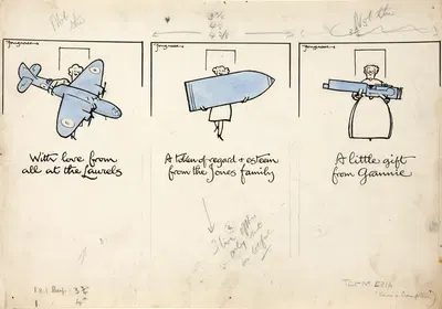 Three cartoon figures of women carrying an aeroplane, a shell and a machine gun by Cyril Kenneth Bird (Fougasse) — digital…