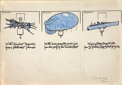 Three cartoon figures of women carrying rifles, a balloon and a warship by Cyril Kenneth Bird (Fougasse) — digital art…