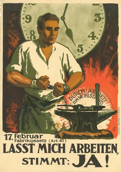 17. Februar – Fabrikgesetz (Art. 41) – Lasst mich arbeiten, Stimmt; Ja! by Jules Courvoisier, 1924 — digital art print…
