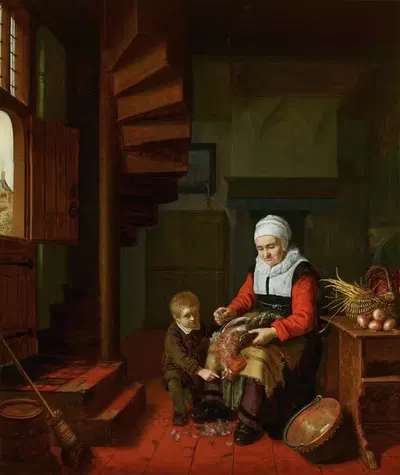 Old Woman Plucking a Cock by Abraham de Pape, c. 1650 — digital art print download