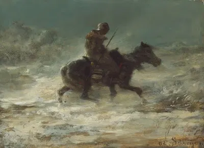 Мужчина с копьем, едущий по снегу by Адольф Шрайер, c. 1880 — digital art print download