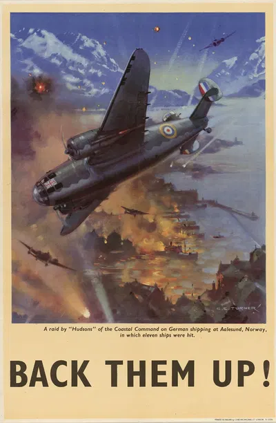 A Raid by 'Hudsons' of the Coastal Command on German Shipping at Aalesund, Norway, in which Eleven Ships were Hit – Back…