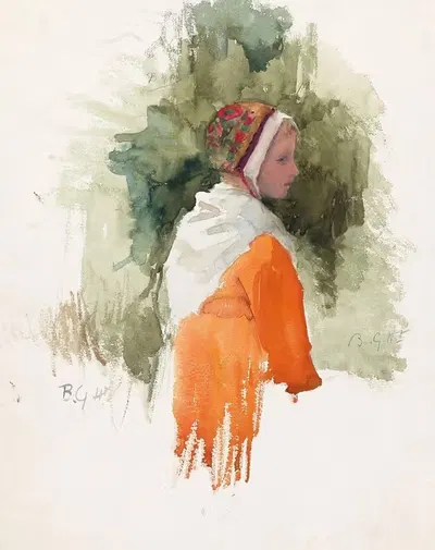 Девушка в чепце и оранжевом платье by Брамине Хубрехт, 1865 - 1913 — digital art print download